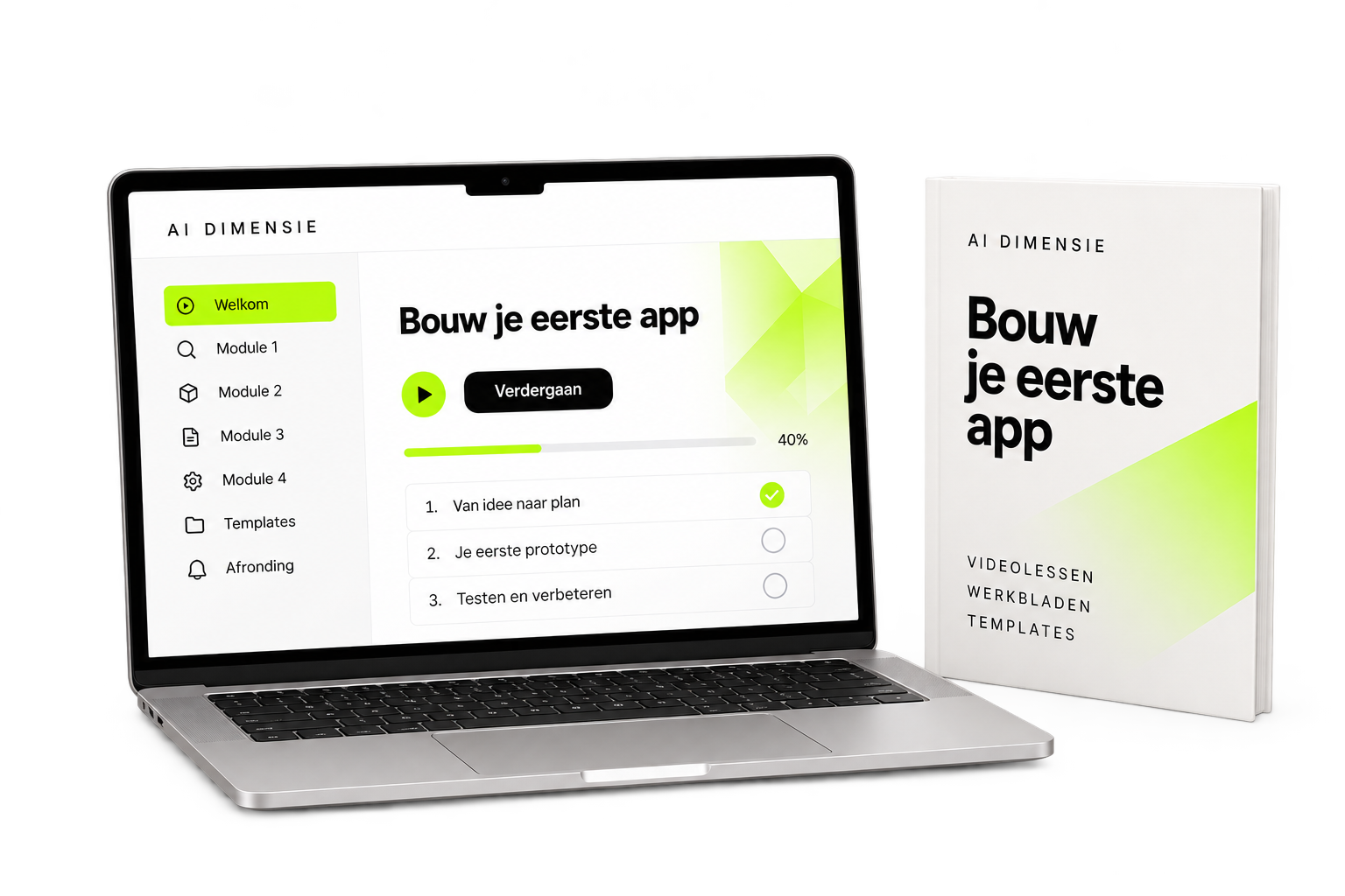 Bouw je eerste app: een laptop met de leeromgeving en het bijbehorende werkboek.