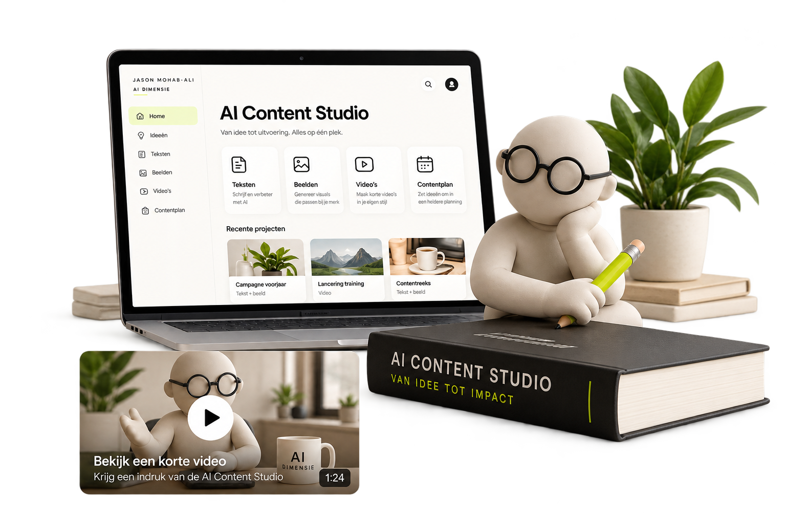 Illustratie van AI Content Studio met laptop, werkboek en een creatieve mascotte.