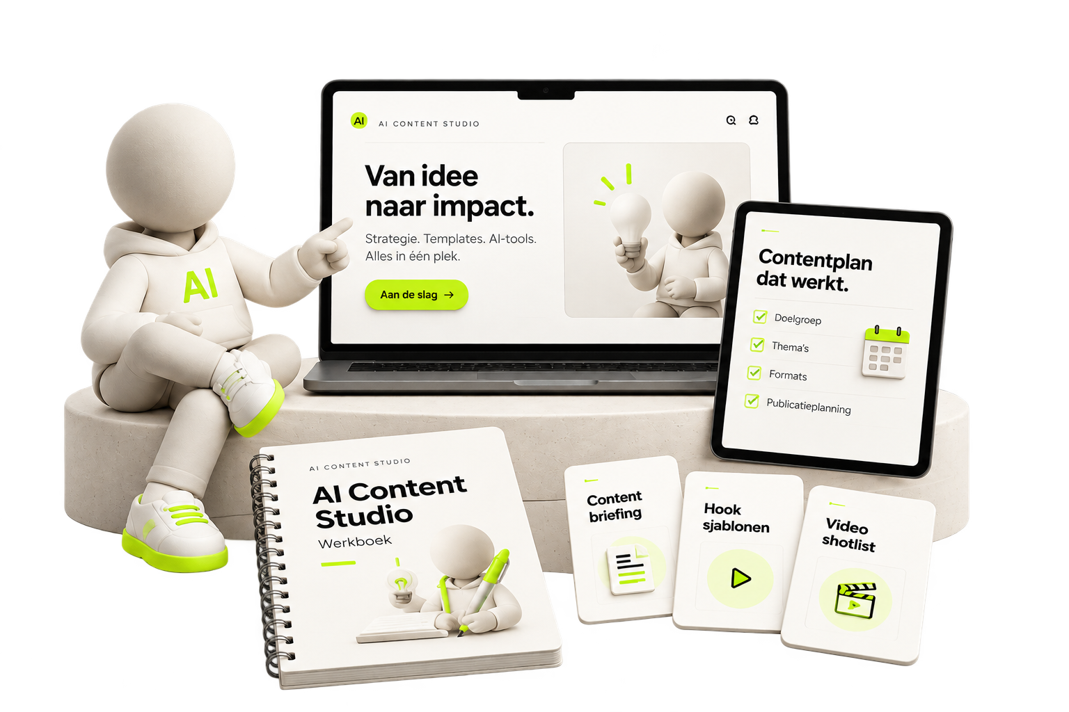 Het programma als laptop, tablet, werkboek, contentbriefing, hooksjablonen en videoshotlist.