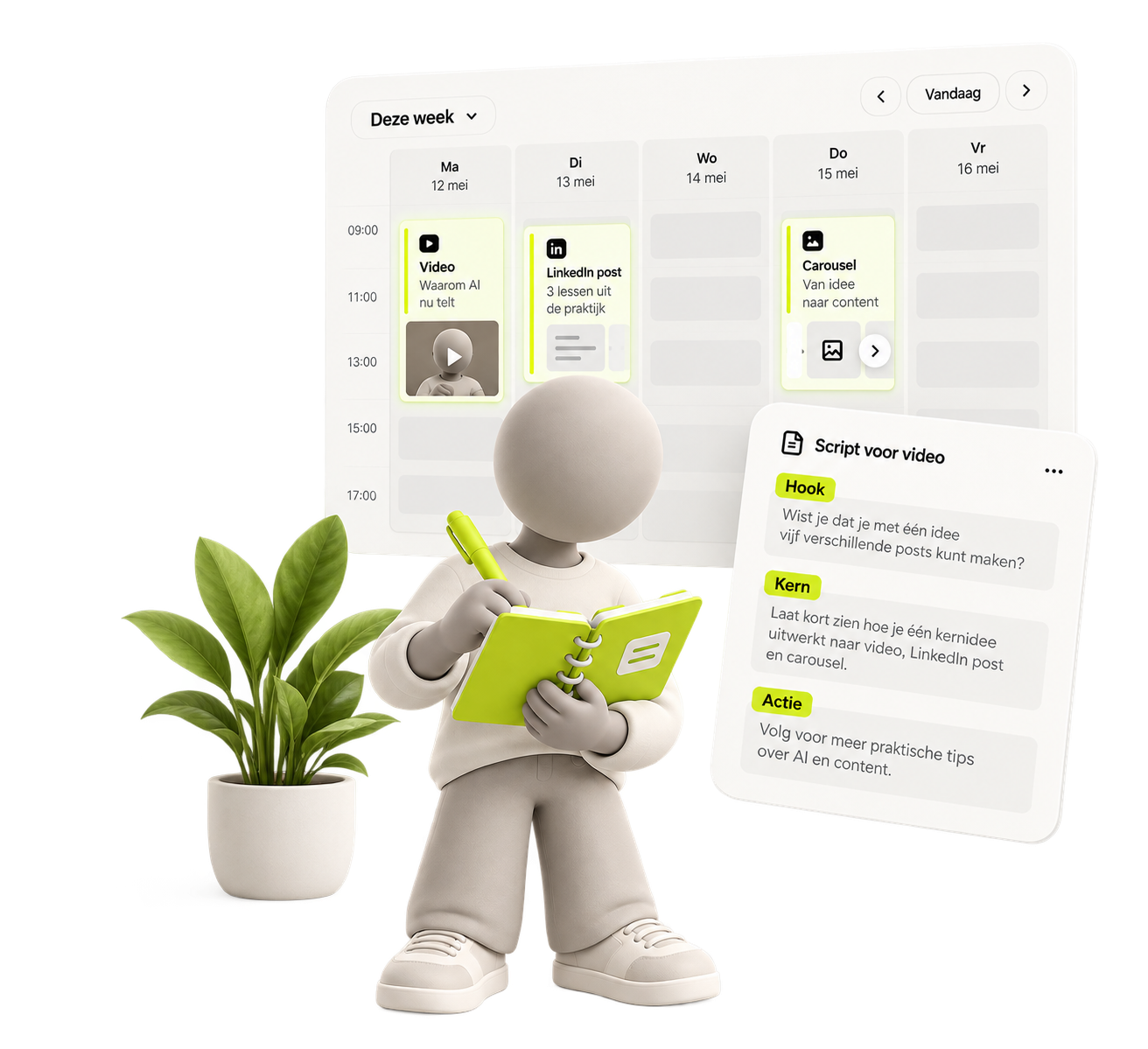 Voorbeeld van een contentweek met video, LinkedIn-post en carrousel, naast een script met hook, kern en actie.