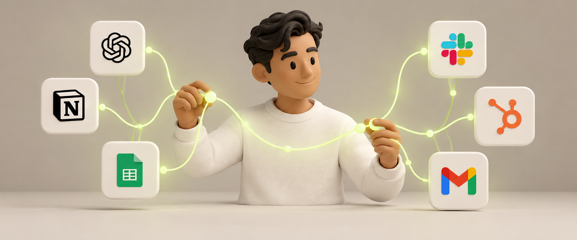 Een 3D-figuur verbindt AI, notities, spreadsheets, communicatie en CRM met lichtgroene lijnen.