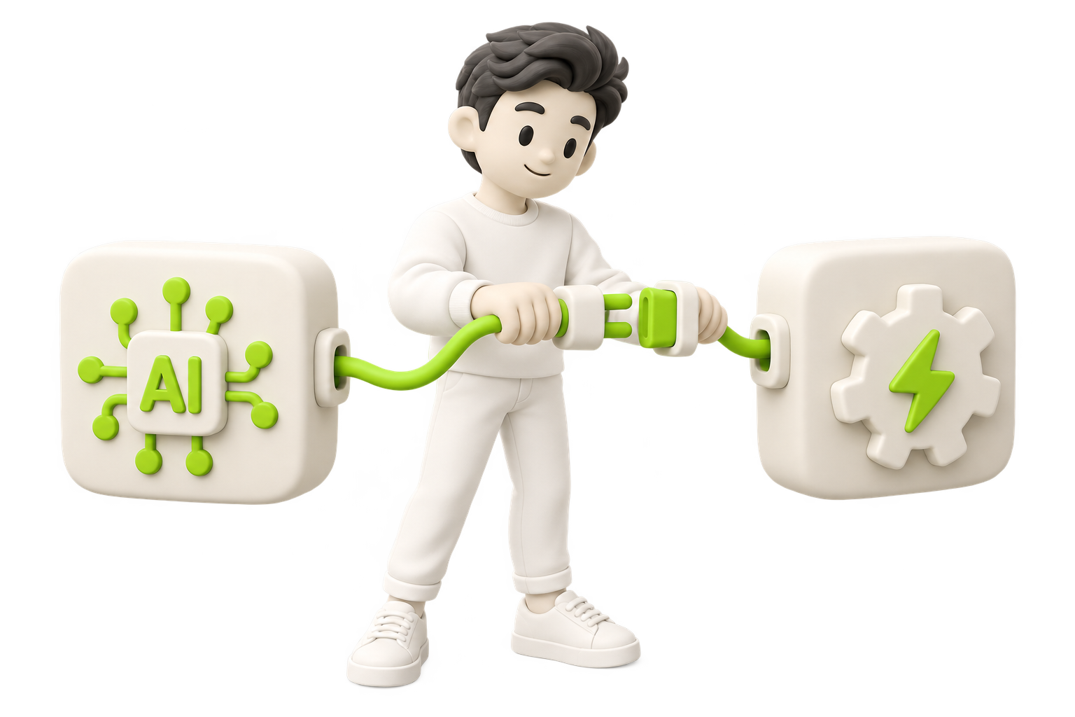 Een 3D-figuur verbindt AI met automatisering via een groene kabel.