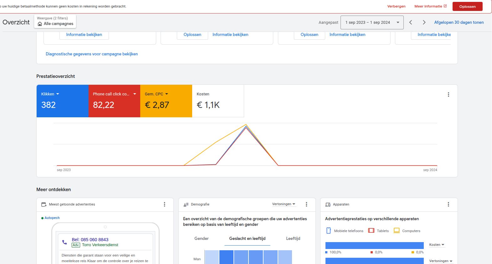 Google Ads-dashboard: Campagnebeeld met 382 klikken. Cijfers en periode staan direct boven het beeld.