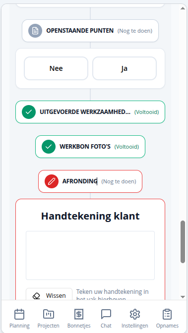 Afrondingsscherm met openstaande punten, uitgevoerde werkzaamheden, werkbonfoto’s en een leeg veld voor de handtekening van de klant.