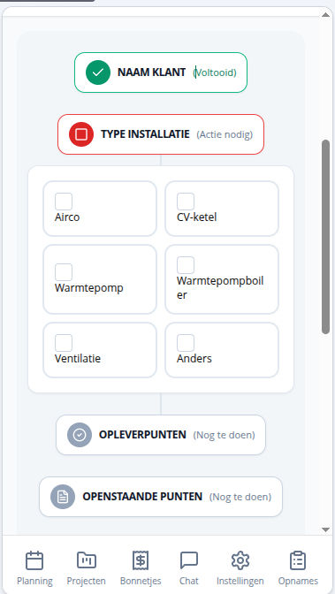 Werkbon met keuzes Airco, CV-ketel, Warmtepomp, Warmtepompboiler, Ventilatie en Anders, gevolgd door opleverpunten en openstaande punten.