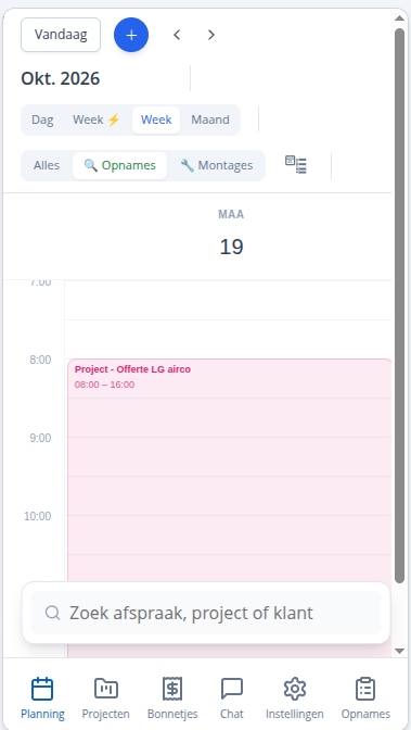 Mobiele weekplanning met een projectblok, filters voor opnames en montages, en zoeken op afspraak, project of klant.