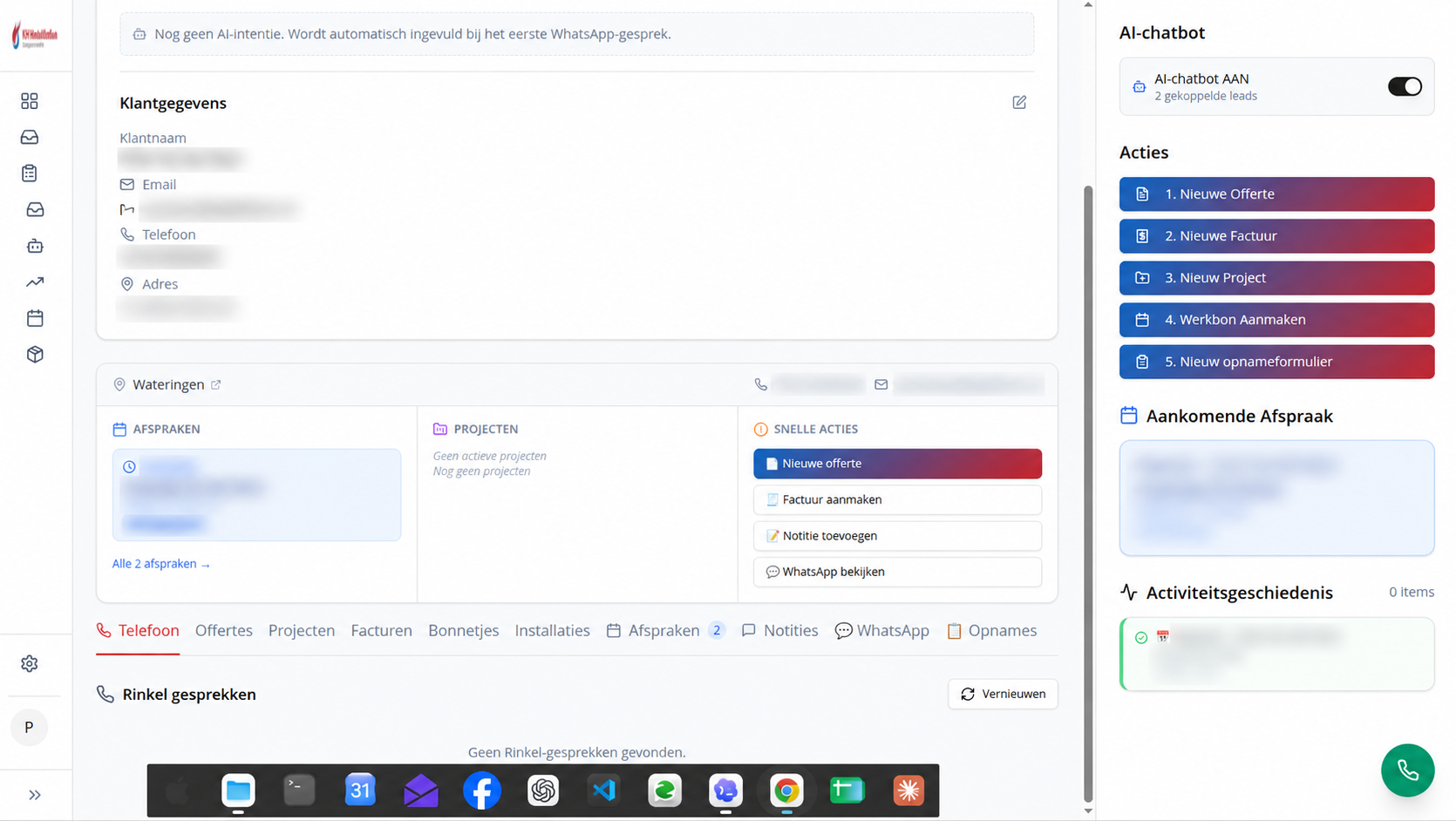 Klantdossier met afspraken, contactkanalen en acties voor een offerte, factuur, project, werkbon en opnameformulier. Persoonsgegevens zijn afgeschermd.