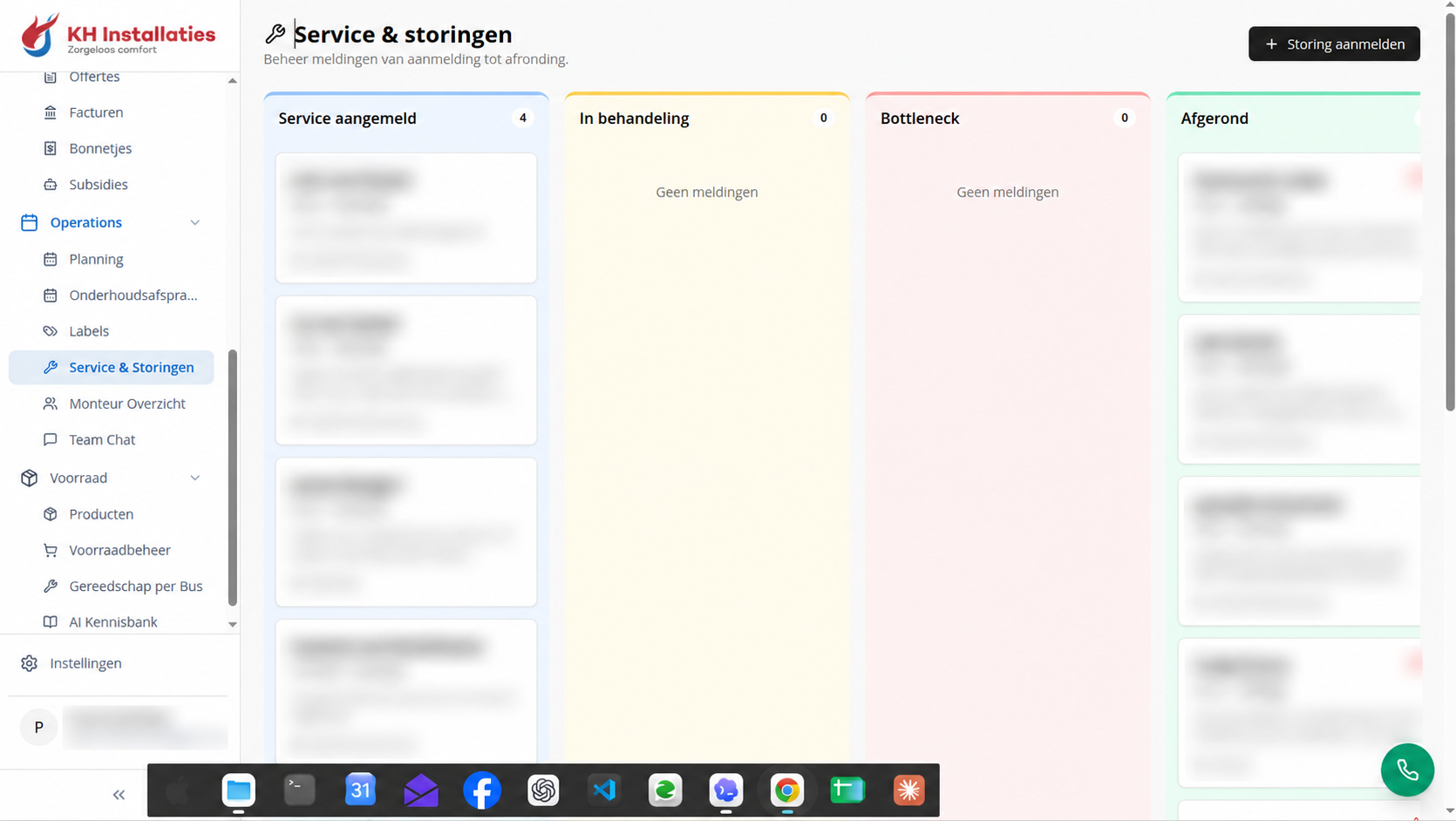 Servicebord met de fasen Service aangemeld, In behandeling, Bottleneck en Afgerond. Details van de meldingen zijn afgeschermd.