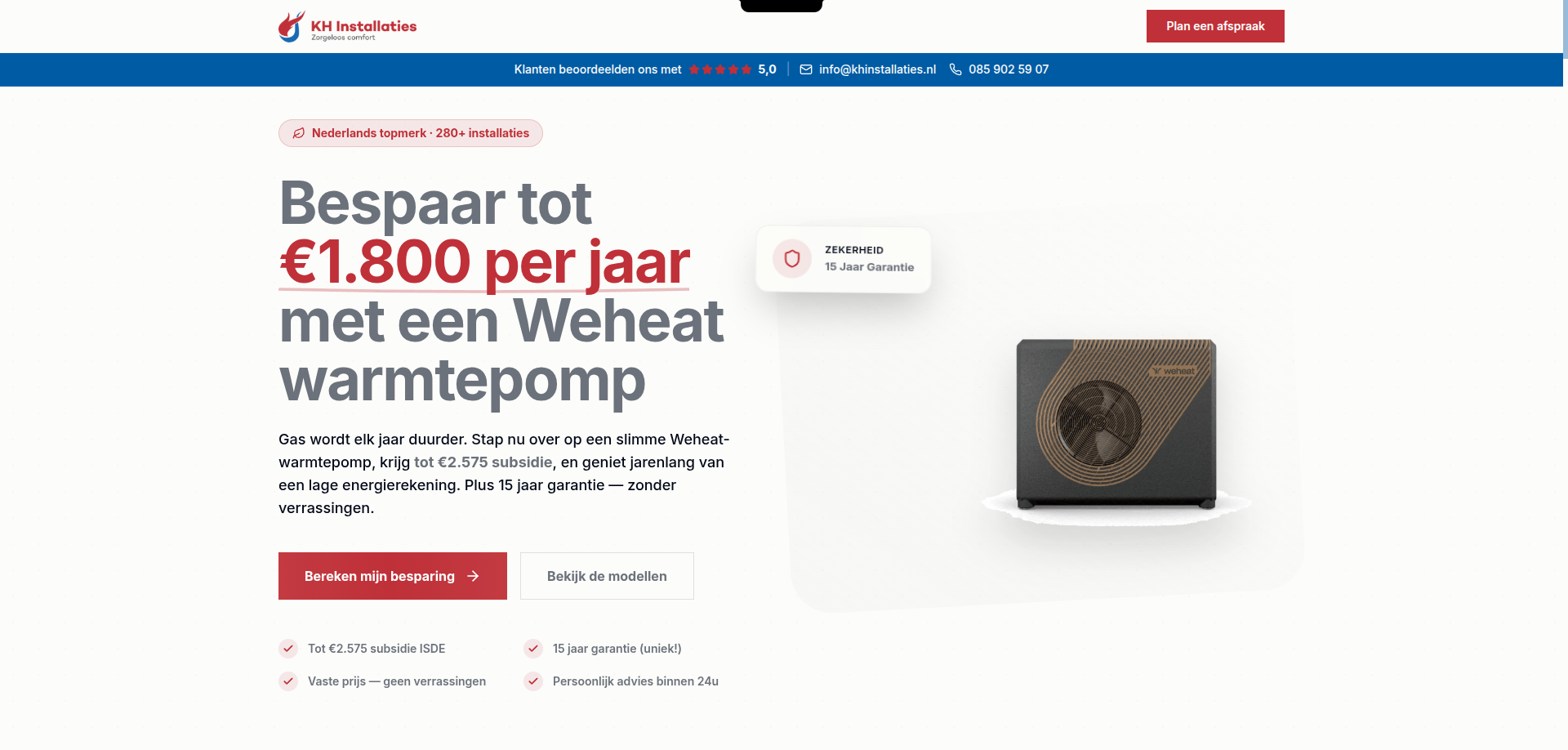 Voorbeeld van de Weheat-funnel met productpresentatie en een knop om de besparing te berekenen.