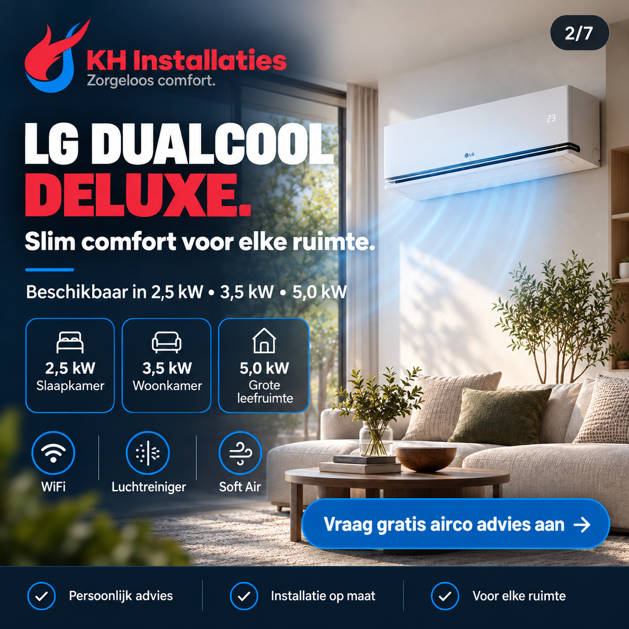 LG DUALCOOL Deluxe: uitleg over capaciteiten voor slaapkamer, woonkamer en grotere leefruimte.