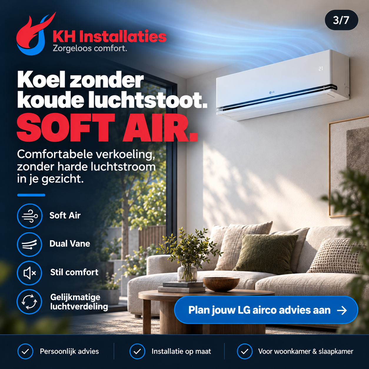 Soft Air: comfortabele verkoeling en gelijkmatige luchtverdeling als centraal thema.