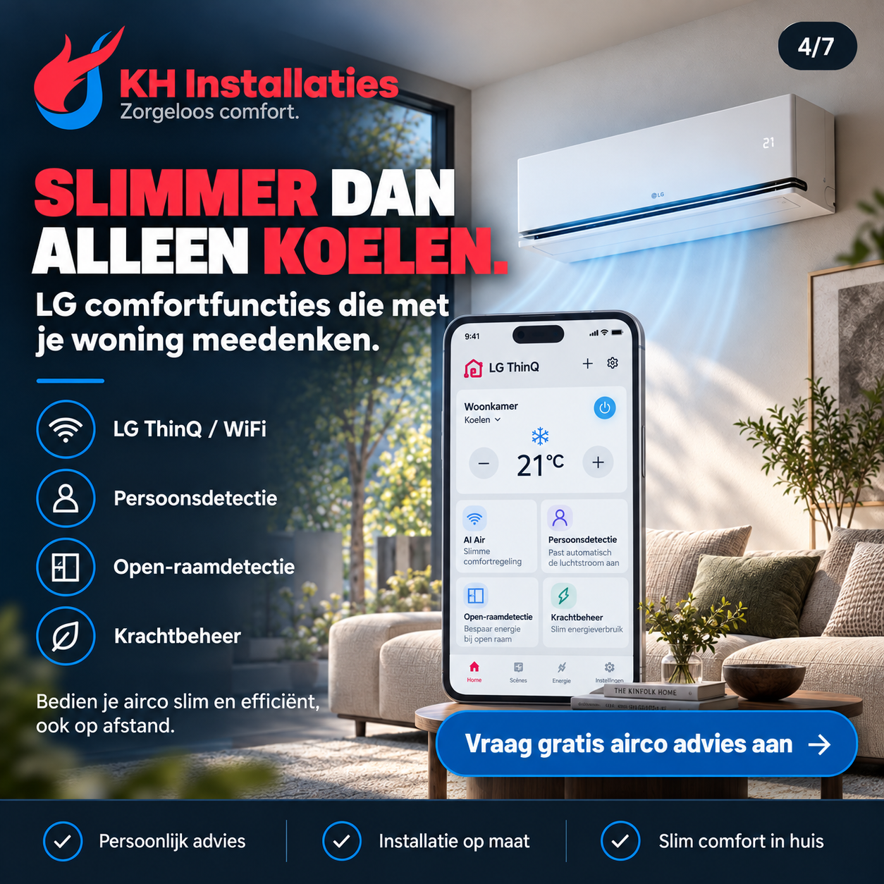 Slimme bediening: LG ThinQ, wifi en comfortfuncties, uitgewerkt met een telefoonbeeld.