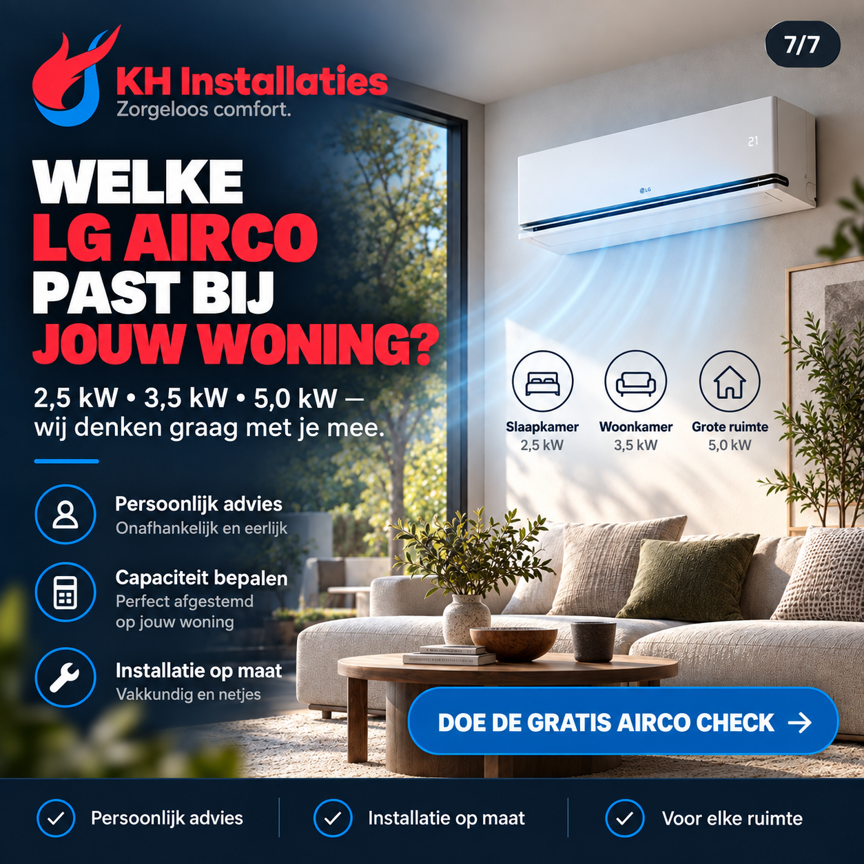 Welke LG-airco past bij jouw woning? De afsluiter nodigt uit tot de gratis aircocheck.