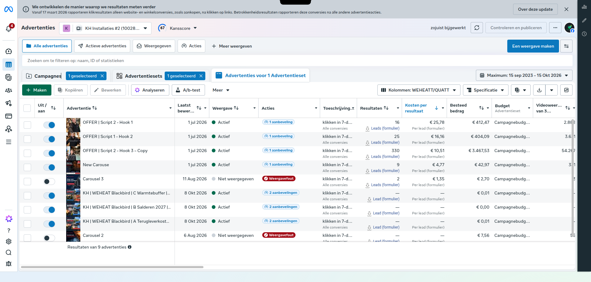 Advertenties gesorteerd op kosten. Een andere sortering van dezelfde advertenties: 16 leads voor €25,78, 25 voor €16,16 en 330 voor €10,51. Deze resultaten zijn ook in het andere advertentiebeeld opgenomen.