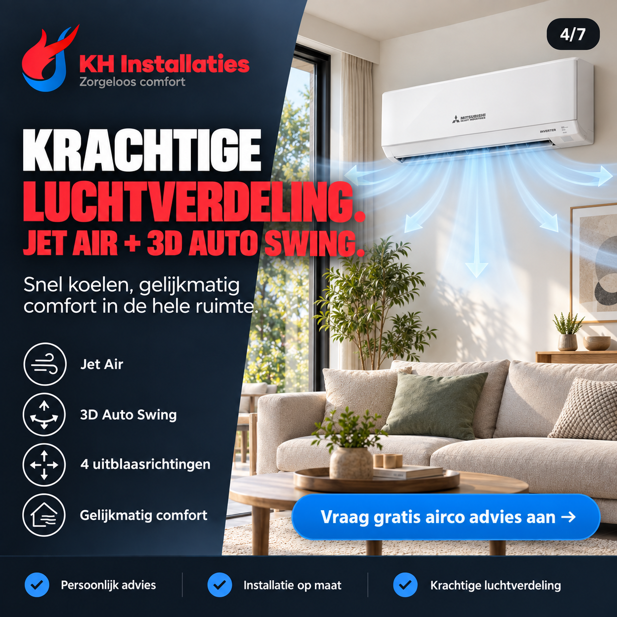Krachtige luchtverdeling: Jet Air en 3D Auto Swing vormen het onderwerp van deze kaart.