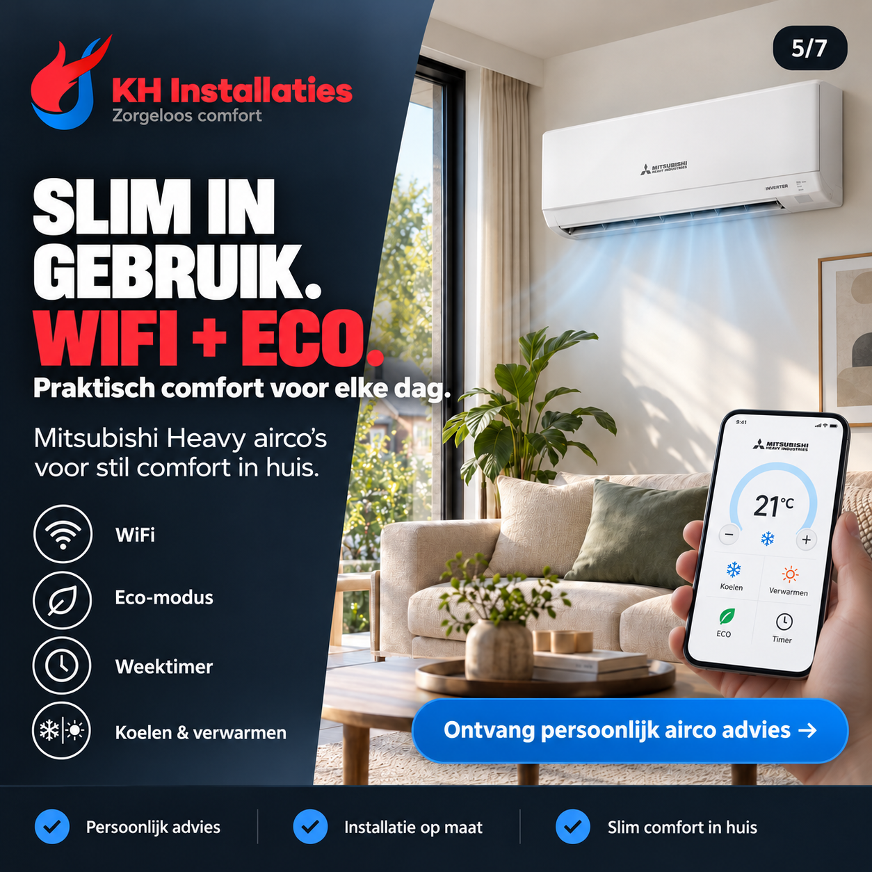 Slim in gebruik: wifi, eco-modus en weektimer, uitgewerkt met een telefoonbeeld.