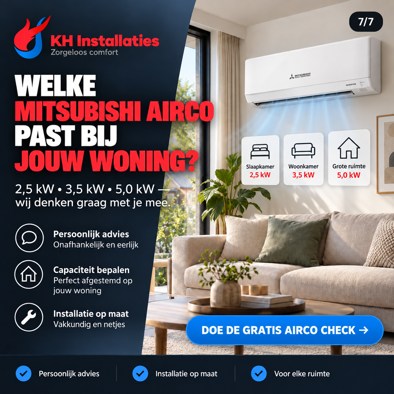 Welke Mitsubishi-airco past bij jouw woning? Een afsluitende uitnodiging voor de gratis aircocheck.