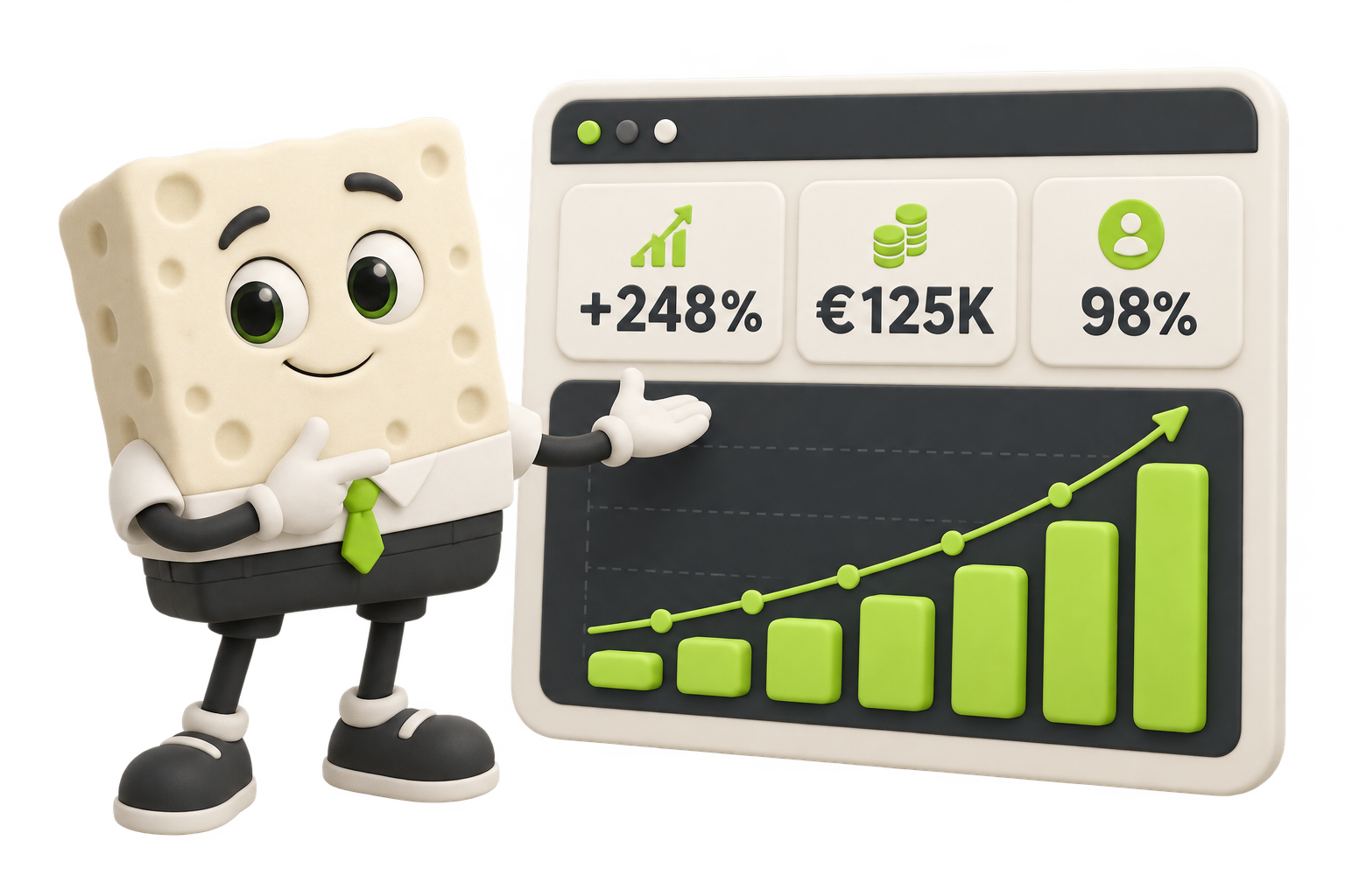 Sponsmascotte met een illustratief groeidashboard