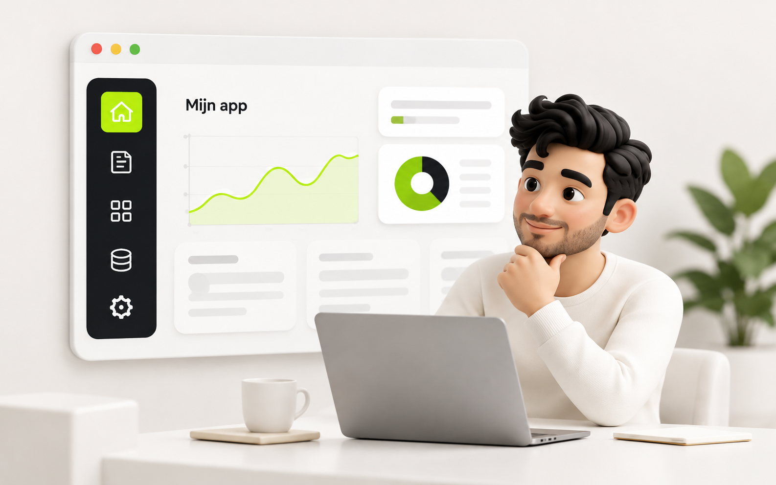 Een man achter een laptop met een app-dashboard vol groene grafieken op de achtergrond.